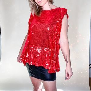 Free People Oversized Red Sequin Blouse Keyhole Cinched Waist Size S